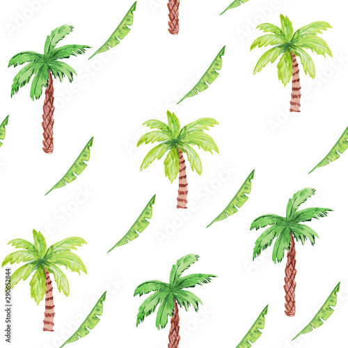 Seamless pattern with palm trees and leaves on a white background. watercolor hand drawing illustration for prints  posters  templates  postcards.