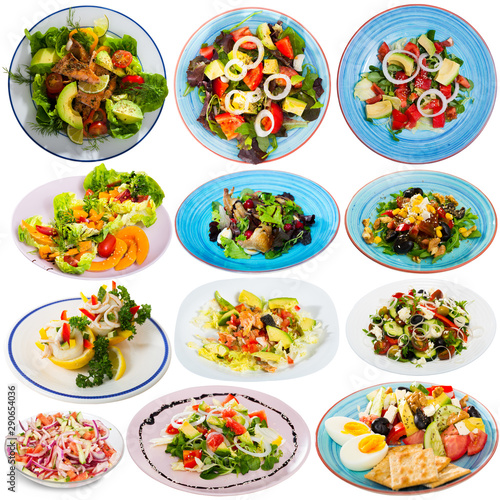 Set of various plates of salads