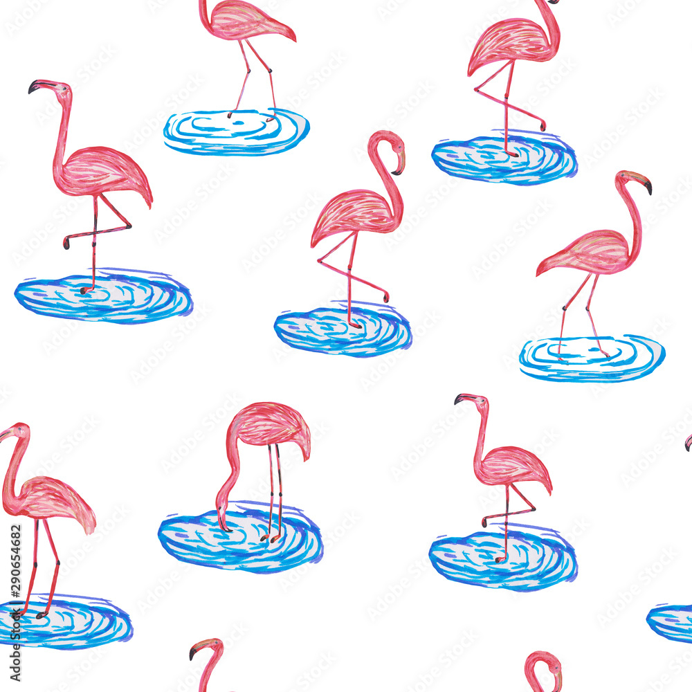 seamless pattern with different pink flamingos in the water. Raster ...