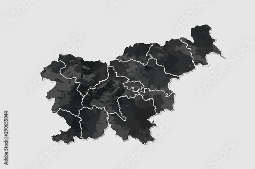 Slovenia watercolor map vector illustration of black color with border lines of different divisions or regions on light background using paint brush in page