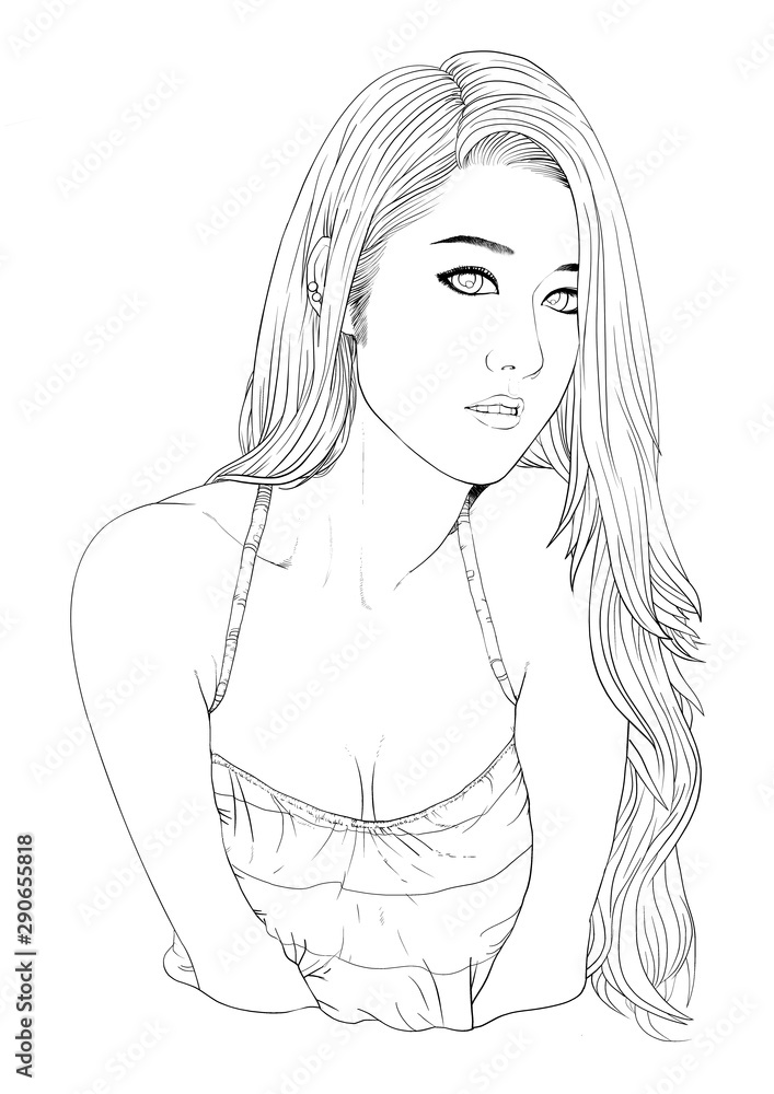 sexy women pose. drawing women and long hair . drawing line for T-Shirt . .  line pen of