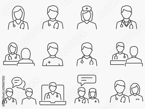 Doctor and Nurse line icons set. Black vector illustration. Editable stroke. photo