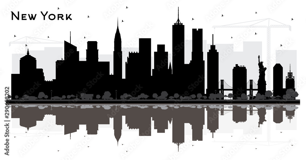 New York USA City Skyline Silhouette with Black Buildings and Reflections Isolated on White.