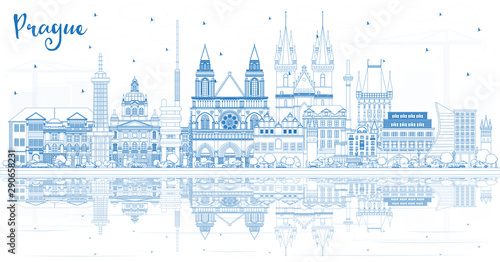 Outline Prague Czech Republic City Skyline with Blue Buildings and Reflections.