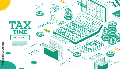 Tax Concept in Isometric 3d Style. Cash Coin Money in Stacks and Calculator Isolated on White.