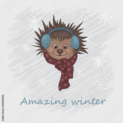 Vector illustration of a cartoon cute hedgehog in a warm red scarf and blue ear warmers on the grey background with white snowflakes. photo