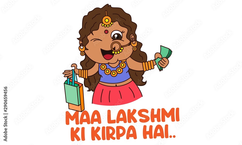 Vector cartoon illustration. The woman is holding a shopping bag and money  in hand. Maa Lakshmi