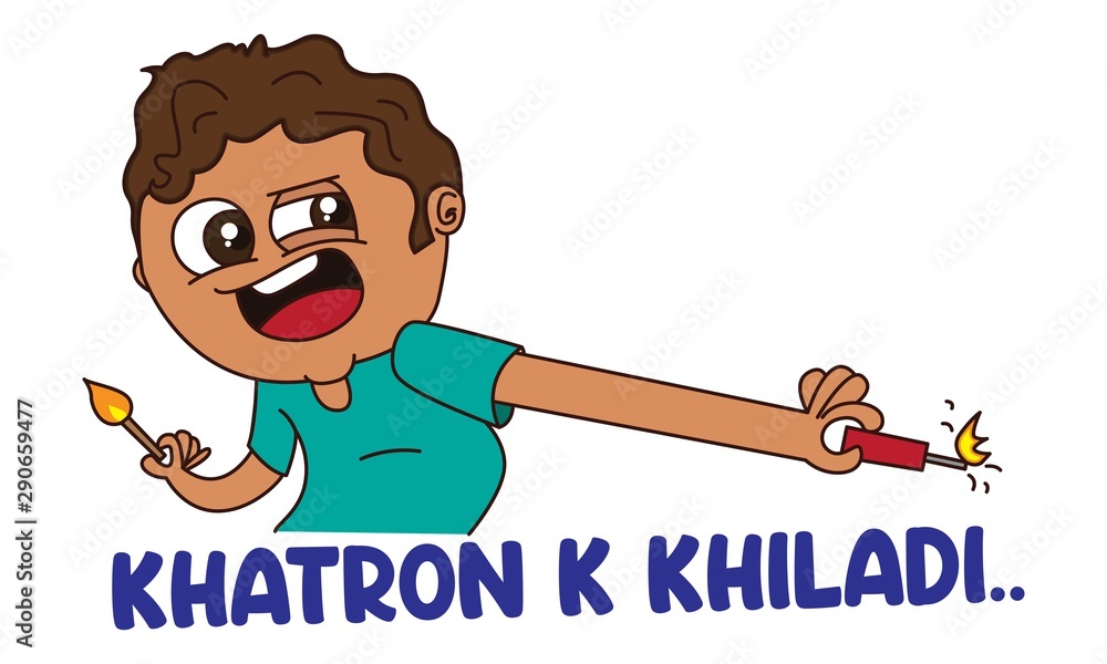 Vector cartoon illustration. Man is holding fire wood and fire cracker in  hand. Khatron k khiladi Hindi text translation - Dangers player. Isolated  on white background. Stock Vector | Adobe Stock