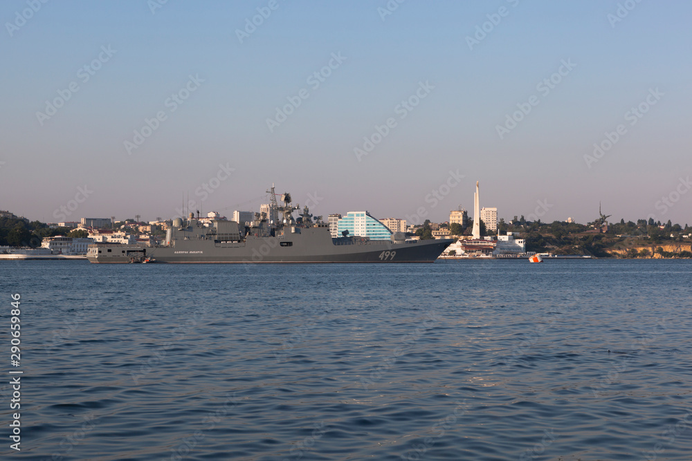 Admiral Makarov patrol ship in the Sevastopol bay on an early summer morning, Crimea