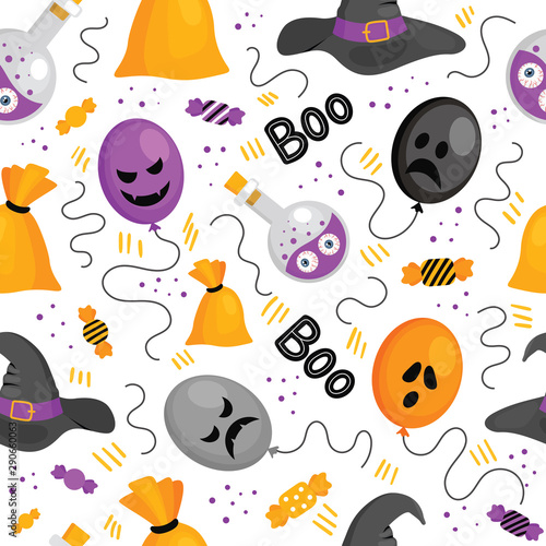 Fototapeta Naklejka Na Ścianę i Meble -  Vector seamless pattern for Halloween. Pumpkin, ghost, bat, candy, and other items on Halloween theme. Bright cartoon pattern for Halloween
