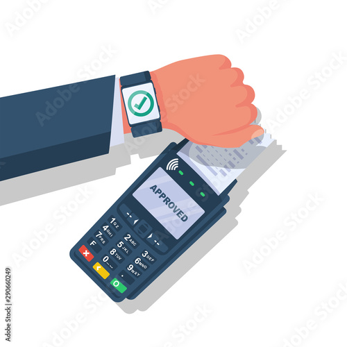 Payment smart watch. NFC concept. Cashless payment smart clock. Contactless terminal. Modern man uses technology. Vector illustration flat design. Isolated white background. Non-cash transactions.