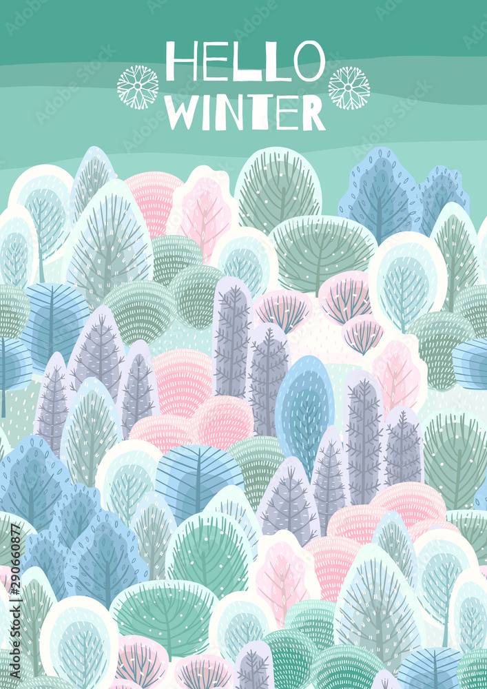 Illustration with winter forest. Vector template for card, poster, flyer, cover and other use.