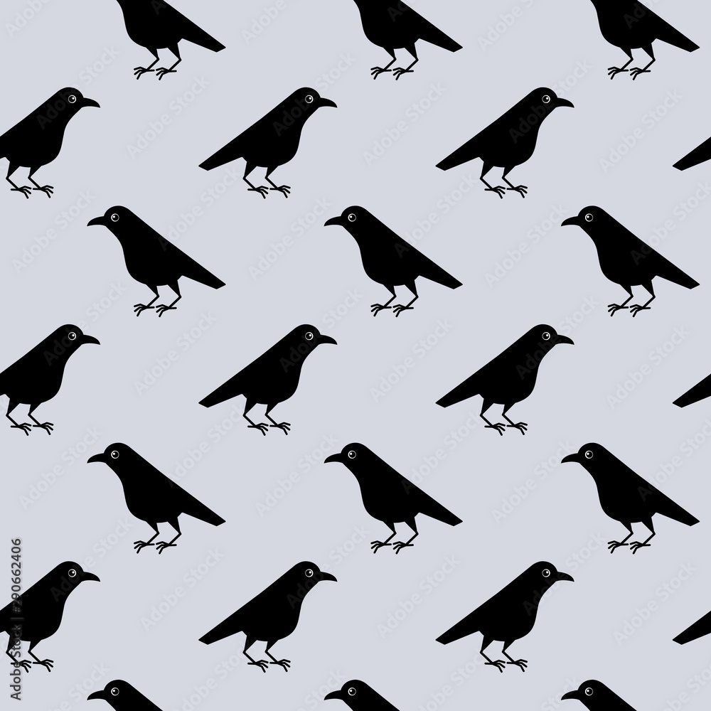 Fototapeta premium Seamless pattern of cute raven crow vector on gray background. Funny illustration