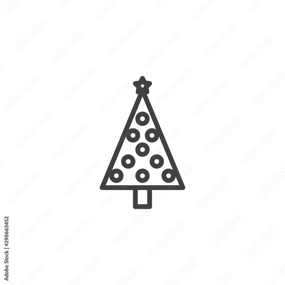 xmas tree with baubles line icon. linear style sign for mobile concept and web design. Christmas tree with star outline vector icon. Symbol, logo illustration. Vector graphics