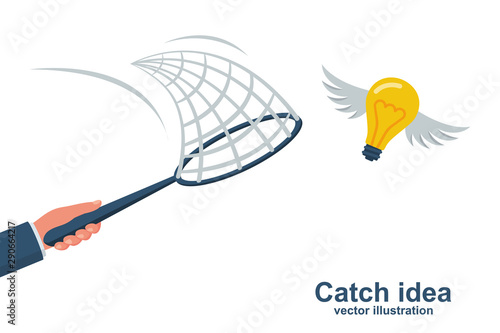 Businessman holding a netting for catch idea. Vector illustration flat design. Isolated on white background. Flying idea. Creative light bulb with wings. Cartoon style.
