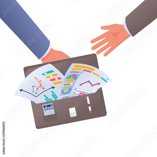 Transfer deal. Businessman holding a briefcase in hand with documents. Give a suitcase. Vector illustration flat design. Business cartoon icon. Handover of a suitcase in the hands of partner.