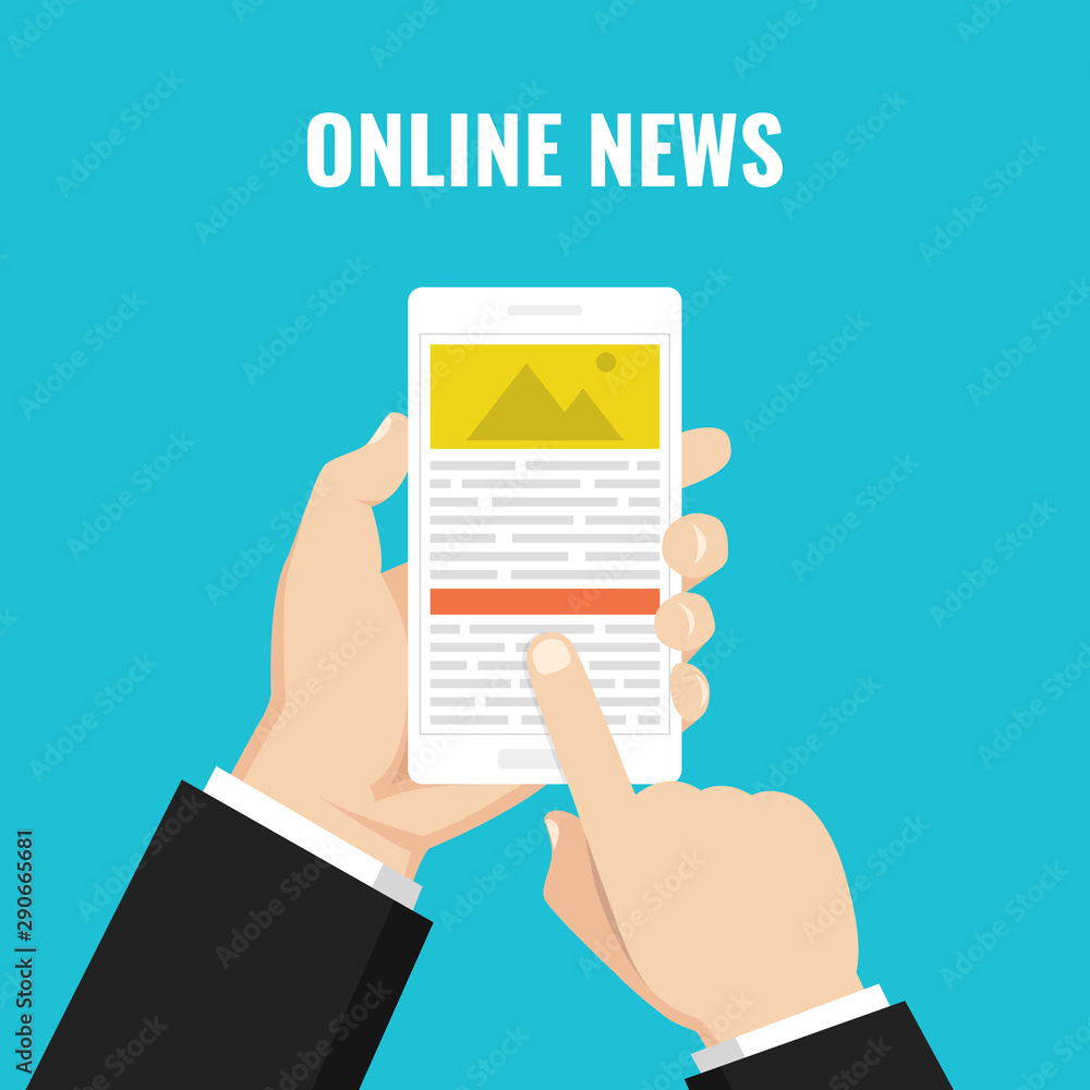 Hand holding smartphone with online news on the screen. Mobile content concept. Flat vector illustration. Hand holding smartphone with online news on the screen. Mobile content concept. Flat vector illustration.