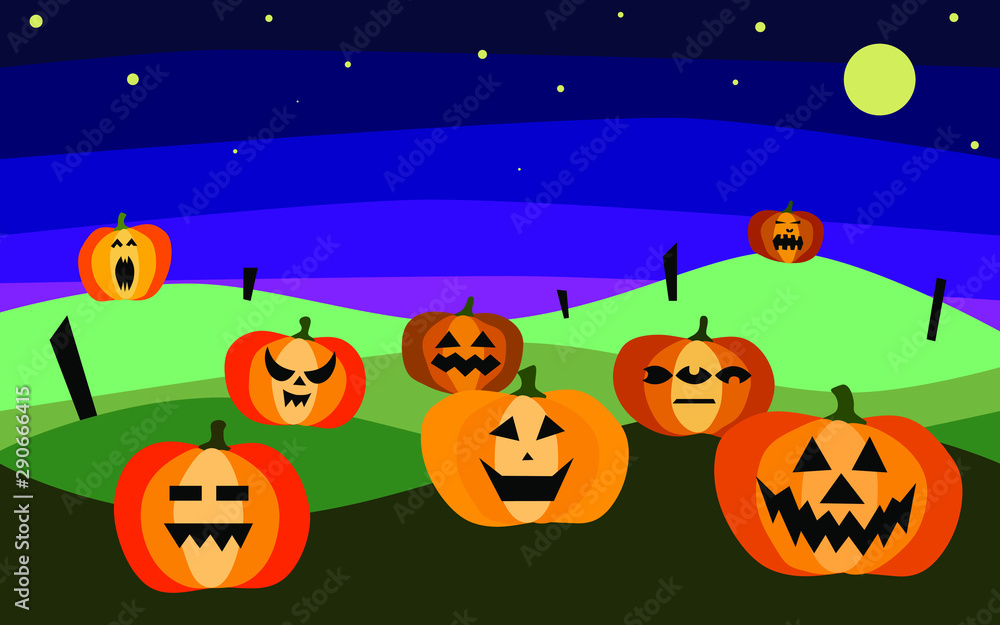 Halloween banner with pumpkins on dark night background. Autumn landscape. Characters with scary faces, sky, stars, the moon, field, pumpkins Happy Halloween spooky postcard - Vector illustration Halloween banner with pumpkins on dark night background. Autumn landscape. Characters with scary faces, sky, stars, the moon, field, pumpkins Happy Halloween spooky postcard - Vector illustration