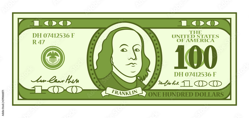 Animated Money R100 Cartoon 100 dollar bill with stylized Franklin portrait. Play money or ...