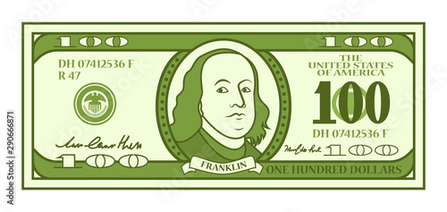 Cartoon 100 dollar bill with stylized Franklin portrait. Play money or fake banknote. Vector illustration.