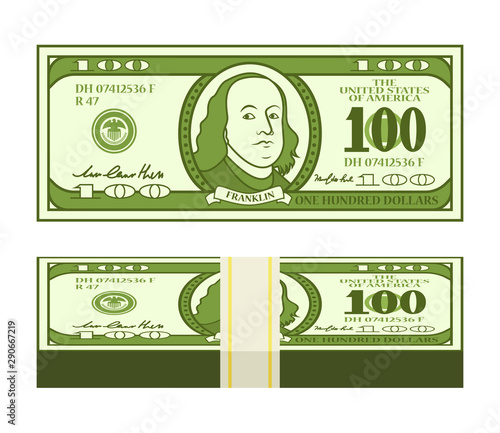 Cartoon 100 dollar bill with stylized Franklin portrait. Money pack with strap. Play money or fake banknote. Vector illustration.