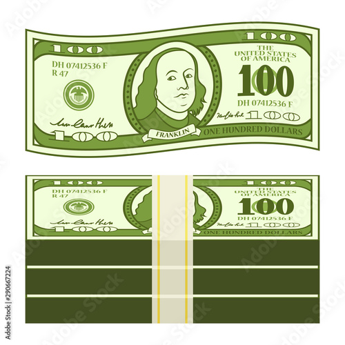 Cartoon 100 dollar bill with stylized Franklin portrait. Money pack with strap. Play money or fake banknote. Vector illustration.