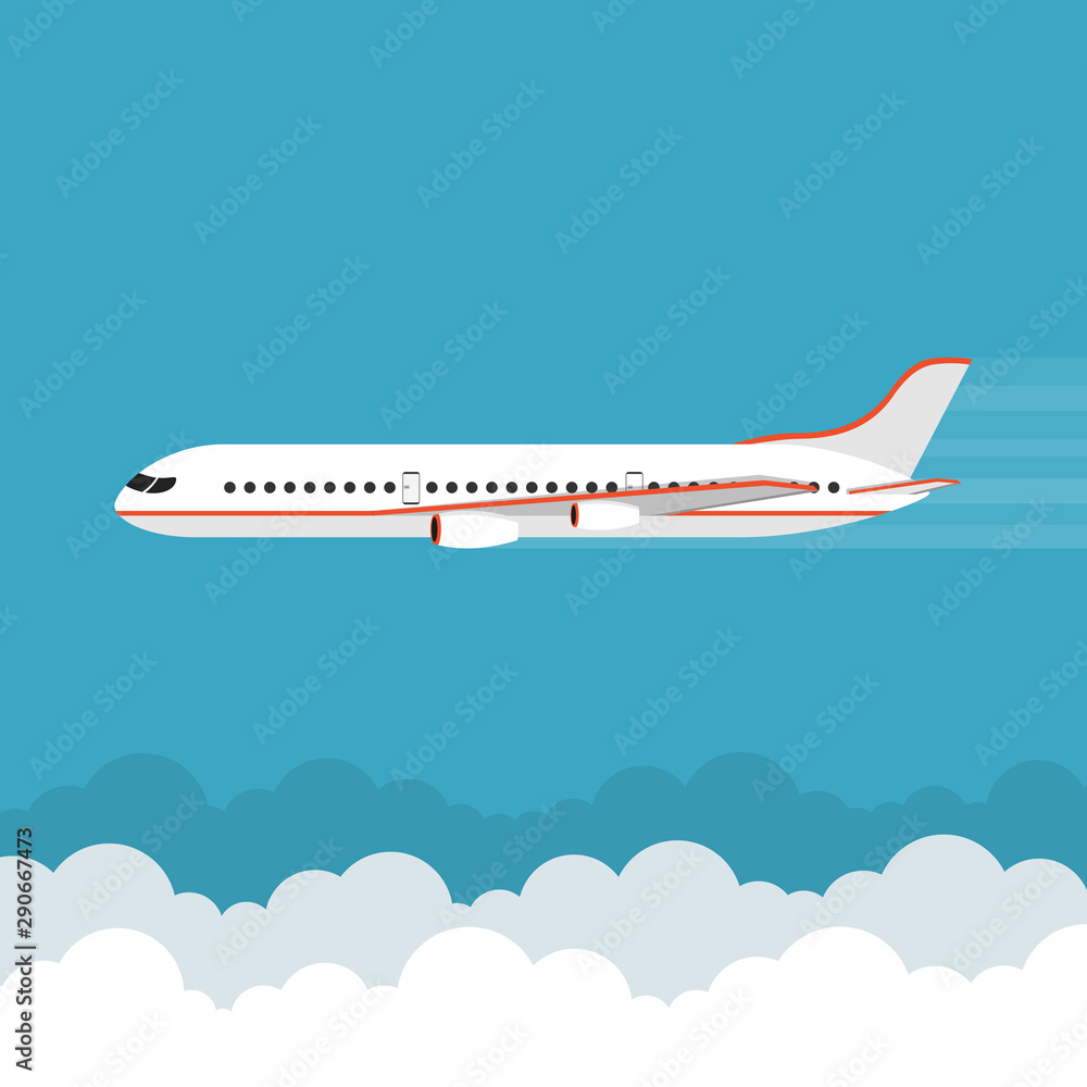 Airplane flies in the sky. Side view. Airliner. White airplane. Flat vector banner.