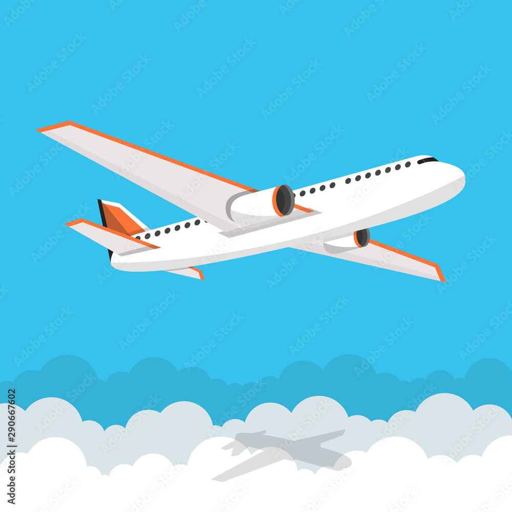 Airplane flies in the sky. Side view. Airliner. White airplane. Flat vector banner. Airplane flies in the sky. Side view. Airliner. White airplane. Flat vector banner.