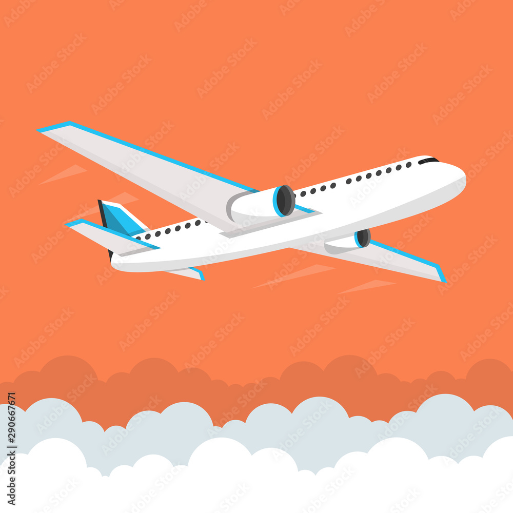 Airplane flies in the sky. Side view. Airliner. White airplane. Flat vector banner.