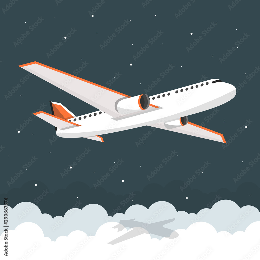 Naklejka premium Airplane flies in the sky. Side view. Airliner. White airplane. Flat vector banner.