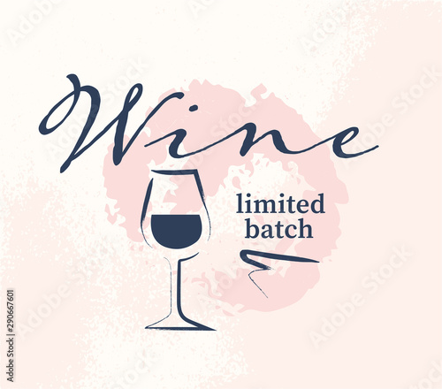 Vector wine logo with hand drawn textured bottle and wine glass elements design isolated on stain background. For winery insignia, degustation hall emblem, wine shop badge, wine label, sticker etc.