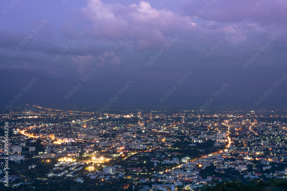 Cityscape purple sky on twilight from Northern, Thailand.