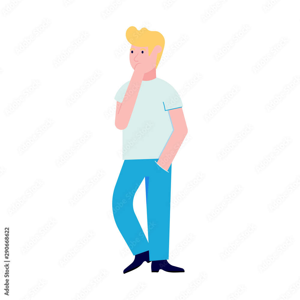 The man in casual style standing up and shows thinking about something flat style design vector illustration isolated on white background.