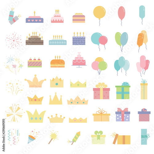 Great party icon set. Big collection of Holidays symbols. Celebration signs: fireworks, gifts, air balloons, confetti, cakes and crowns in trendy flat style