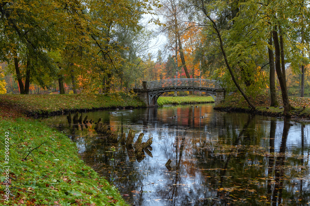 Gatchina, Russian Federation - October 10, 2018: Bright autumn in the Gatchina Museum-Reserve, view of the pond and bridge in the palace and park ensemble in Gatchina. Gatchina, Russian Federation - October 10, 2018: Bright autumn in the Gatchina Museum-Reserve, view of the pond and bridge in the palace and park ensemble in Gatchina.
