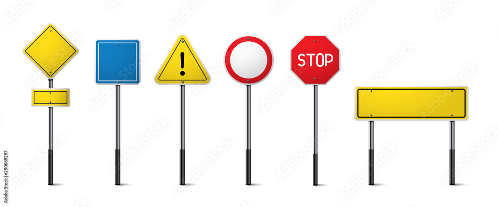 Set of road signs isolated. Direction traffic signs boards on metal stand, empty pointer post and directing signboard. 