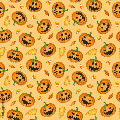 Vector seamless Halloween pattern with scary pumpkins on beige background for greeting card, gift box, wallpaper, fabric, web design.