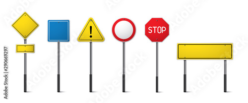 Set of road signs isolated. Direction traffic signs boards on metal stand, empty pointer post and directing signboard. 