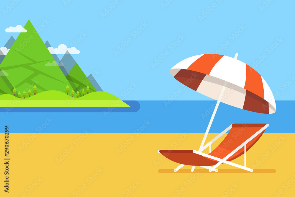Fototapeta Vacation and travel concept. Beach umbrella, beach chair. Sea and mountains in the background. Vector illustration.