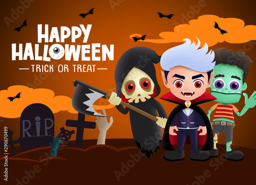 Happy halloween greeting card vector background design. Happy halloween trick or treat text with scary characters of vampire, zombie and grim reaper in dark cemetery background. Vector illustration.