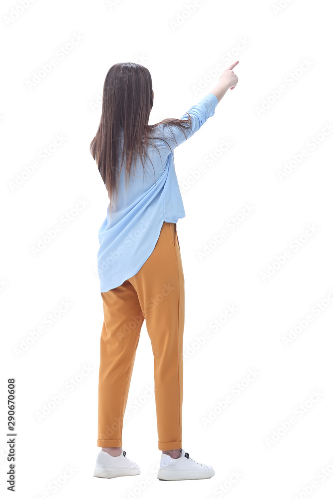 young woman pointing at blank screen .isolated on white young woman pointing at blank screen .isolated on white