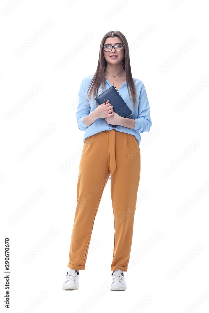 young businesswoman with a diary.isolated on white young businesswoman with a diary.isolated on white