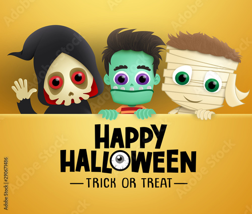 Happy halloween vector  background template. Happy halloween trick or treat greeting text with three scary characters of grim reaper, zombie and mummy with empty space for message in yellow background