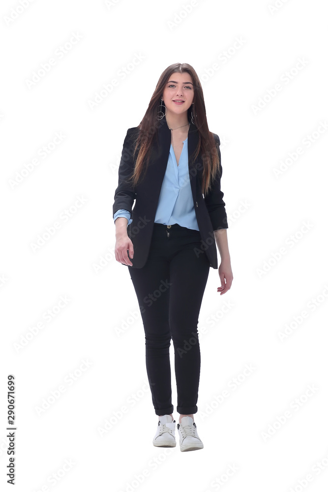 young business woman going forward .isolated on white young business woman going forward .isolated on white