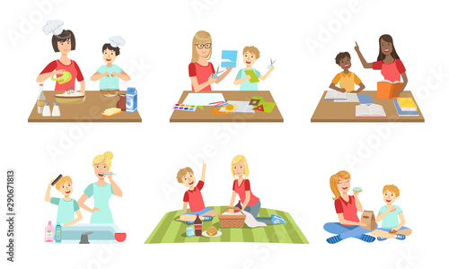 Mother and Son Performing Daily Activities Together Set, Cooking, Reading Book, Making Applique, Having Picnic Vector Illustration