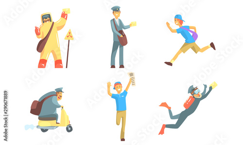 Postmen with Letters Set, Funny Deliverymen Cartoon Characters Delivering Parcels in Various Ways Vector Illustration