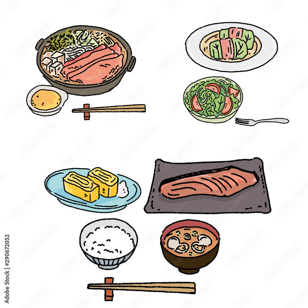 食事 すきやき ロールキャベツ 和食 イラスト 手描き セット Stock Vector Adobe Stock