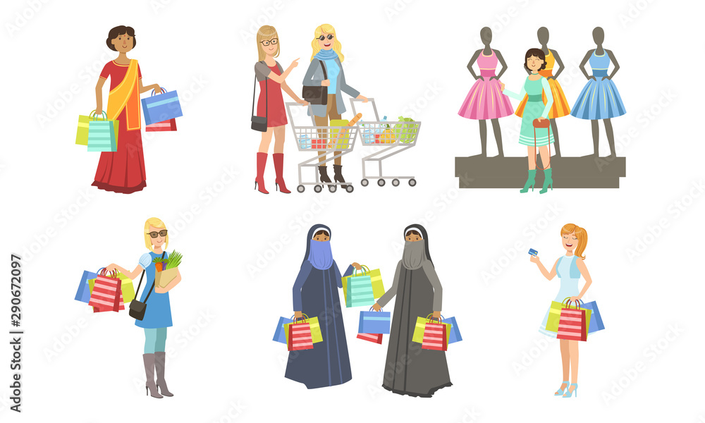 Collection of Different People Shopping Bags and Carts, Women Taking Part in Seasonal Sale at Mall, Store or Shop Vector Illustration