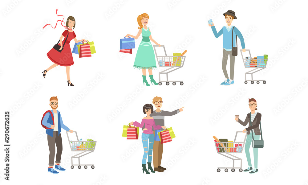 Collection of Different People Carrying Shopping Bags with Purchases and Pushing Carts Full of Groceries Vector Illustration