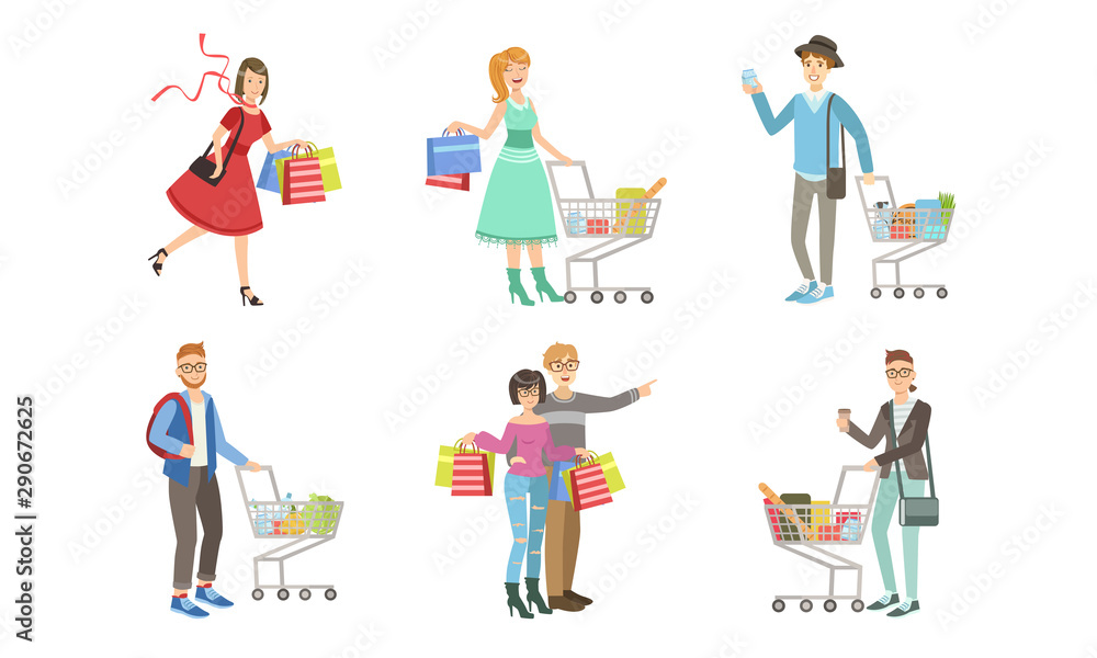 Collection of Different People Carrying Shopping Bags with Purchases and Pushing Carts Full of Groceries Vector Illustration Collection of Different People Carrying Shopping Bags with Purchases and Pushing Carts Full of Groceries Vector Illustration
